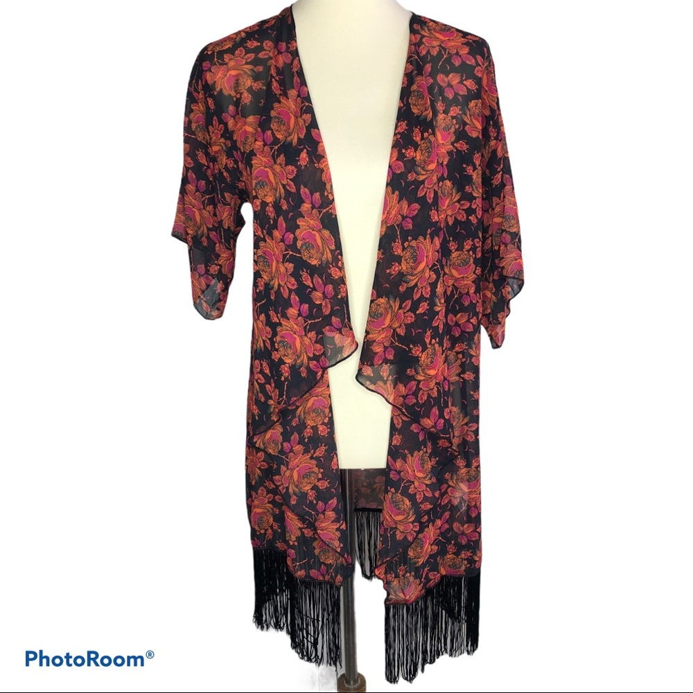 LuLaRoe Monroe Sheer Fringe Trimmed Kimono Size S